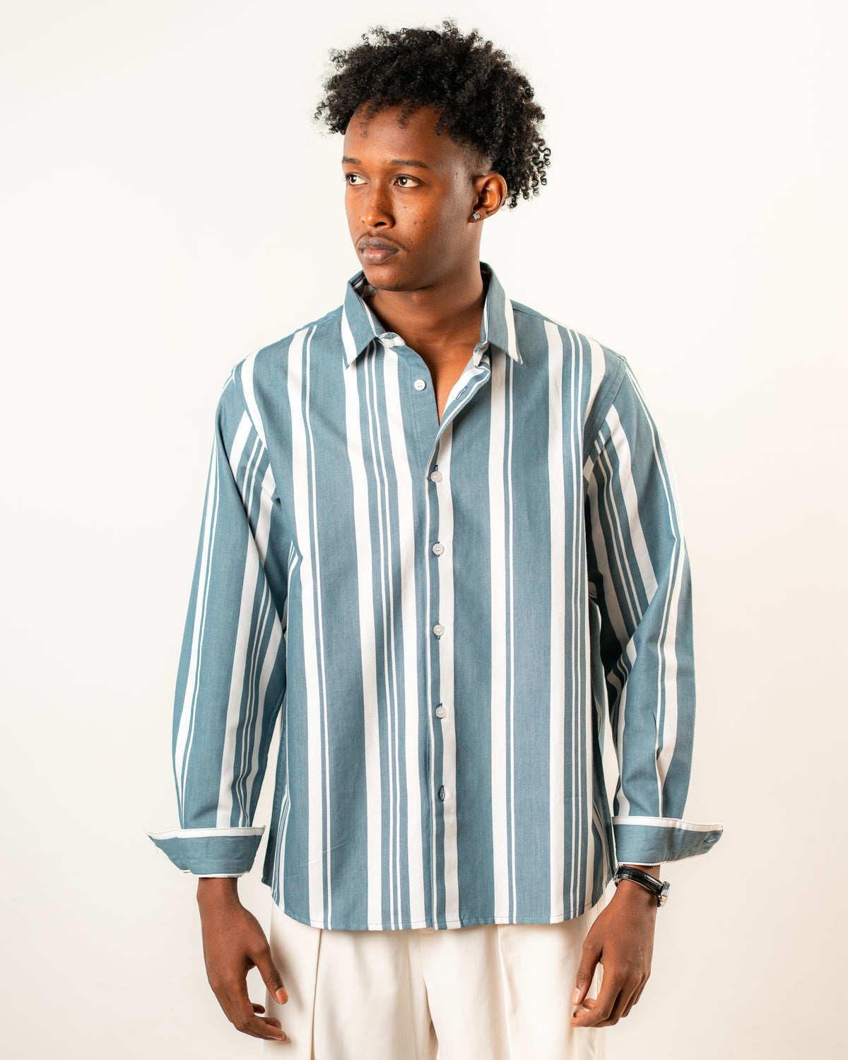 Structured Full Sleeve Shirt- White & Blue
