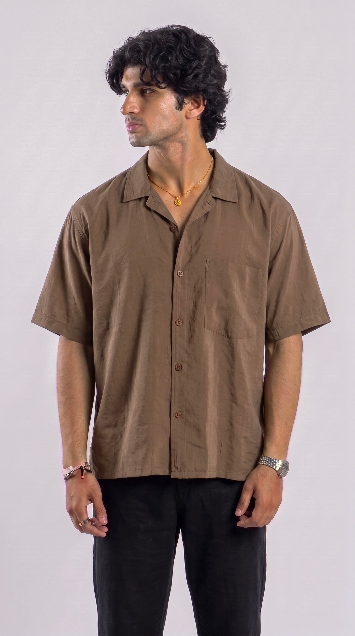 Boxy Half Sleeve Shirt : Brown