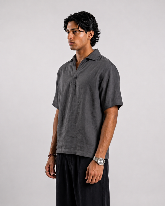Casual Half Sleeve Popover Shirt- Grey