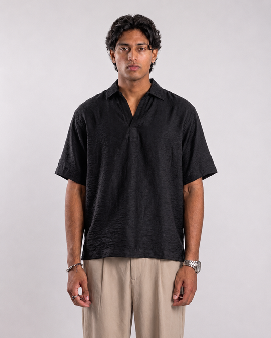 Casual Half Sleeve Popover Shirt- Black