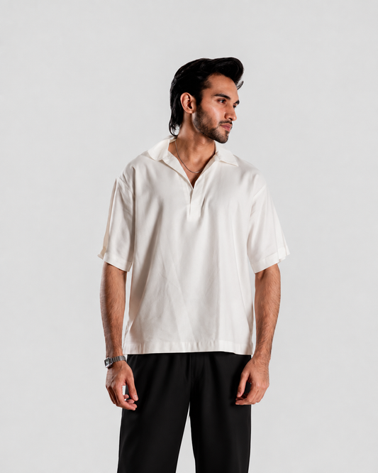 Casual Half Sleeve Popover Shirt- White