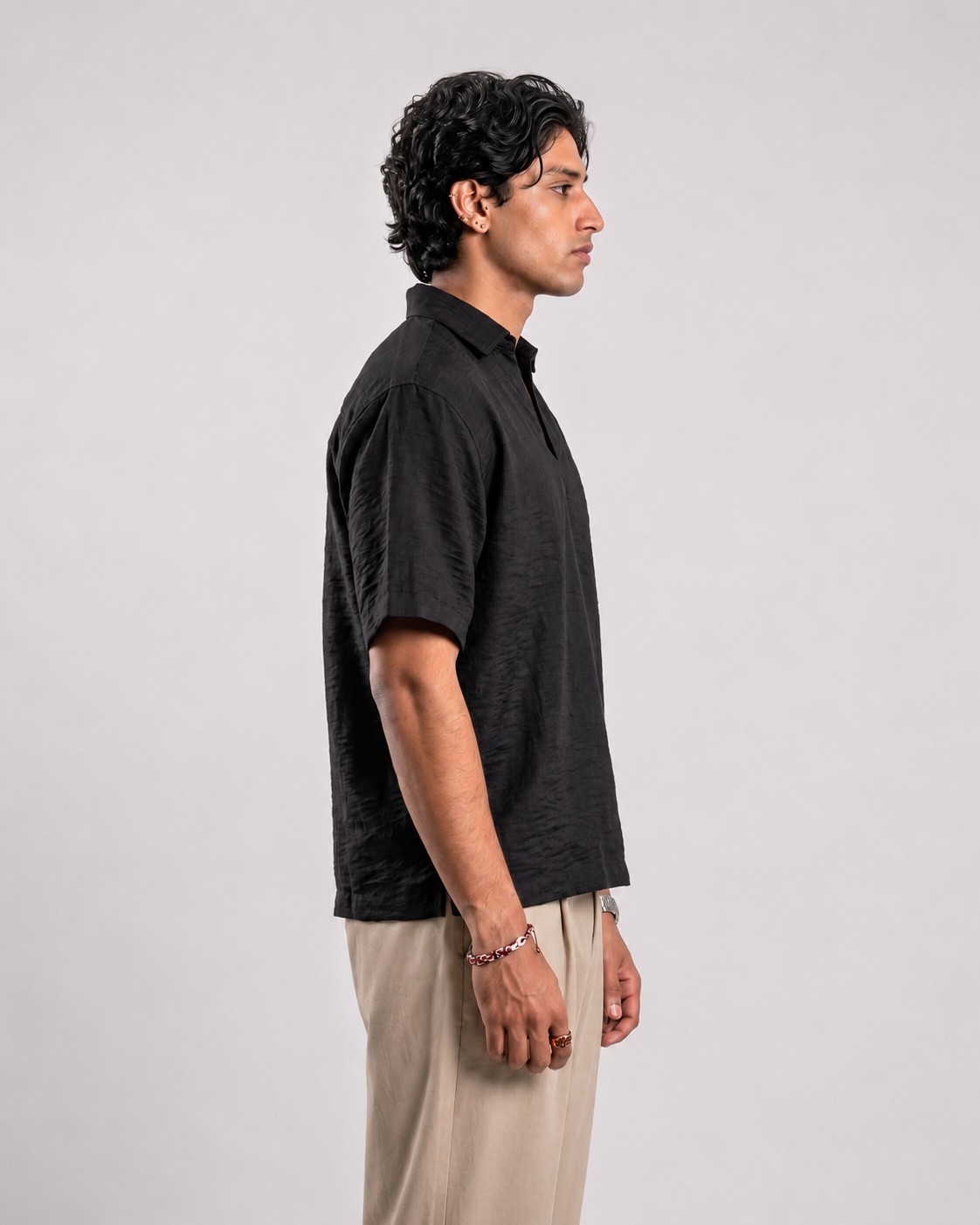 Casual Half Sleeve Popover Shirt- Black