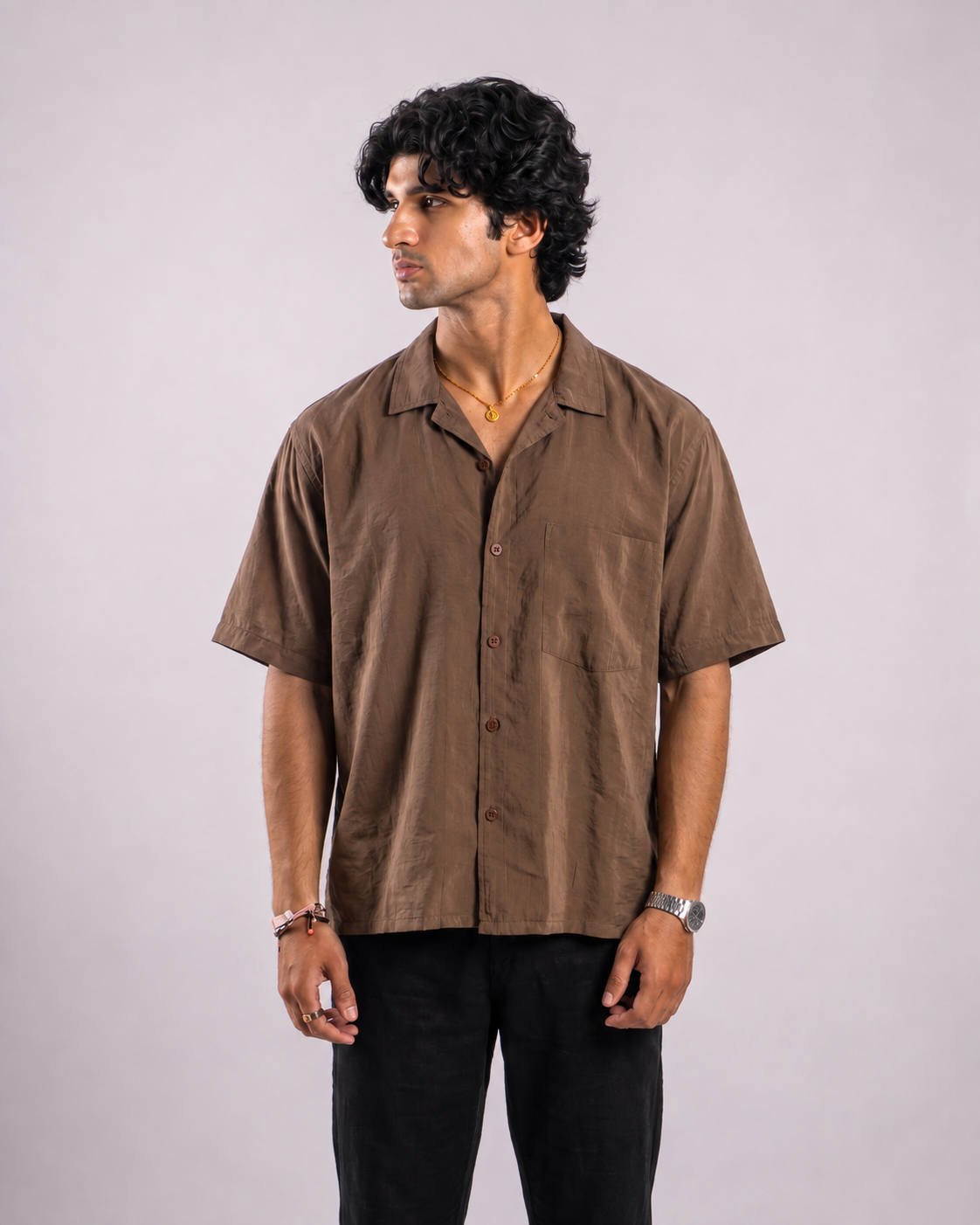 Boxy Half Sleeve Shirt : Brown