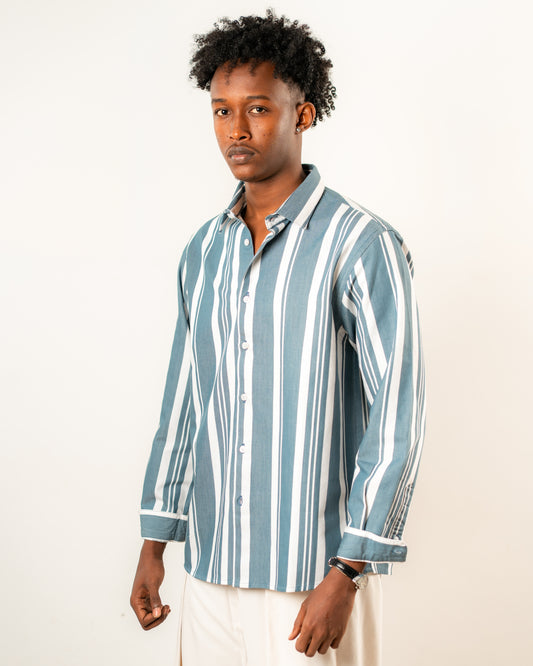 Structured Full Sleeve Shirt- White & Blue