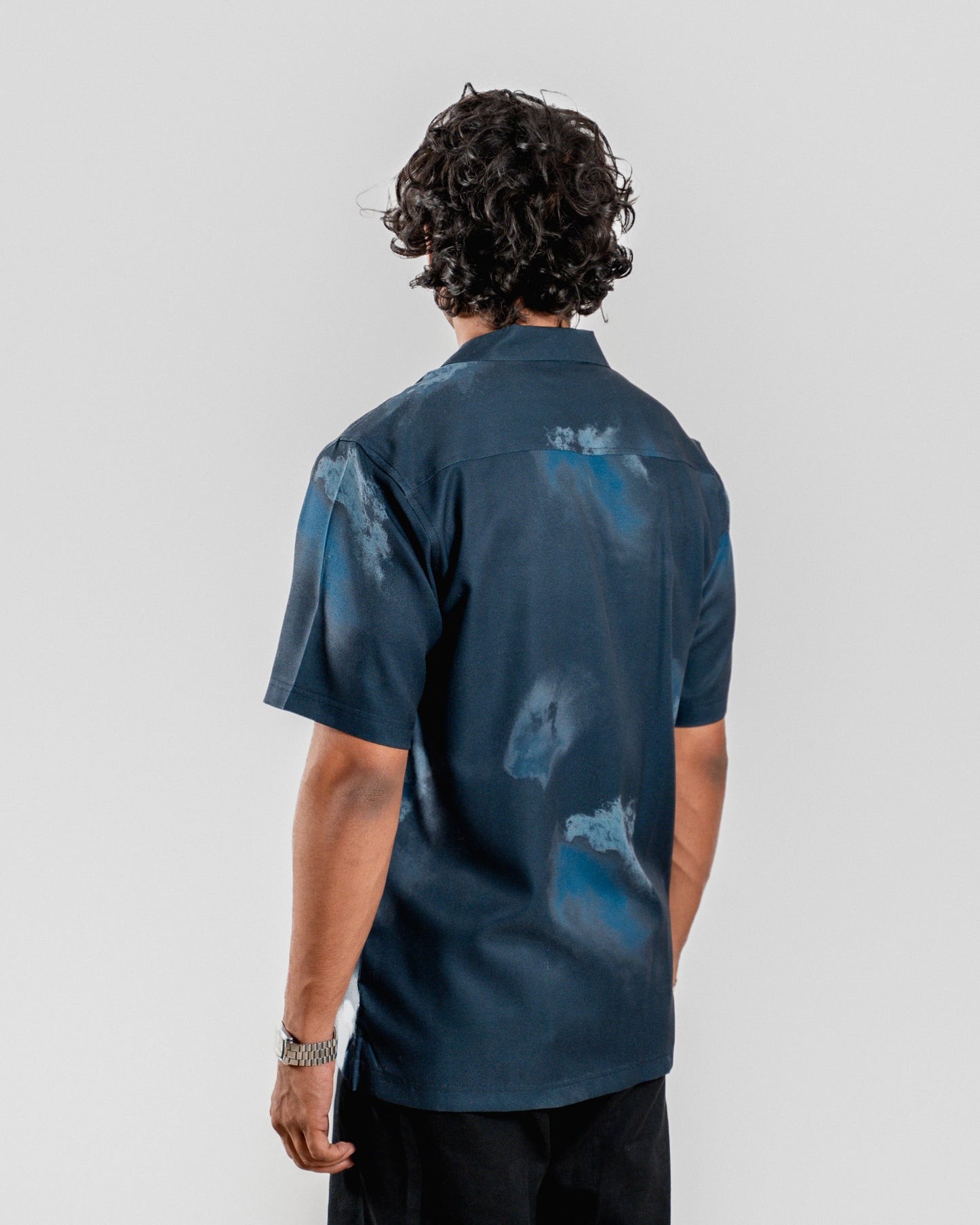 Stretchy Cuban Collar Shirt - Dark Blue