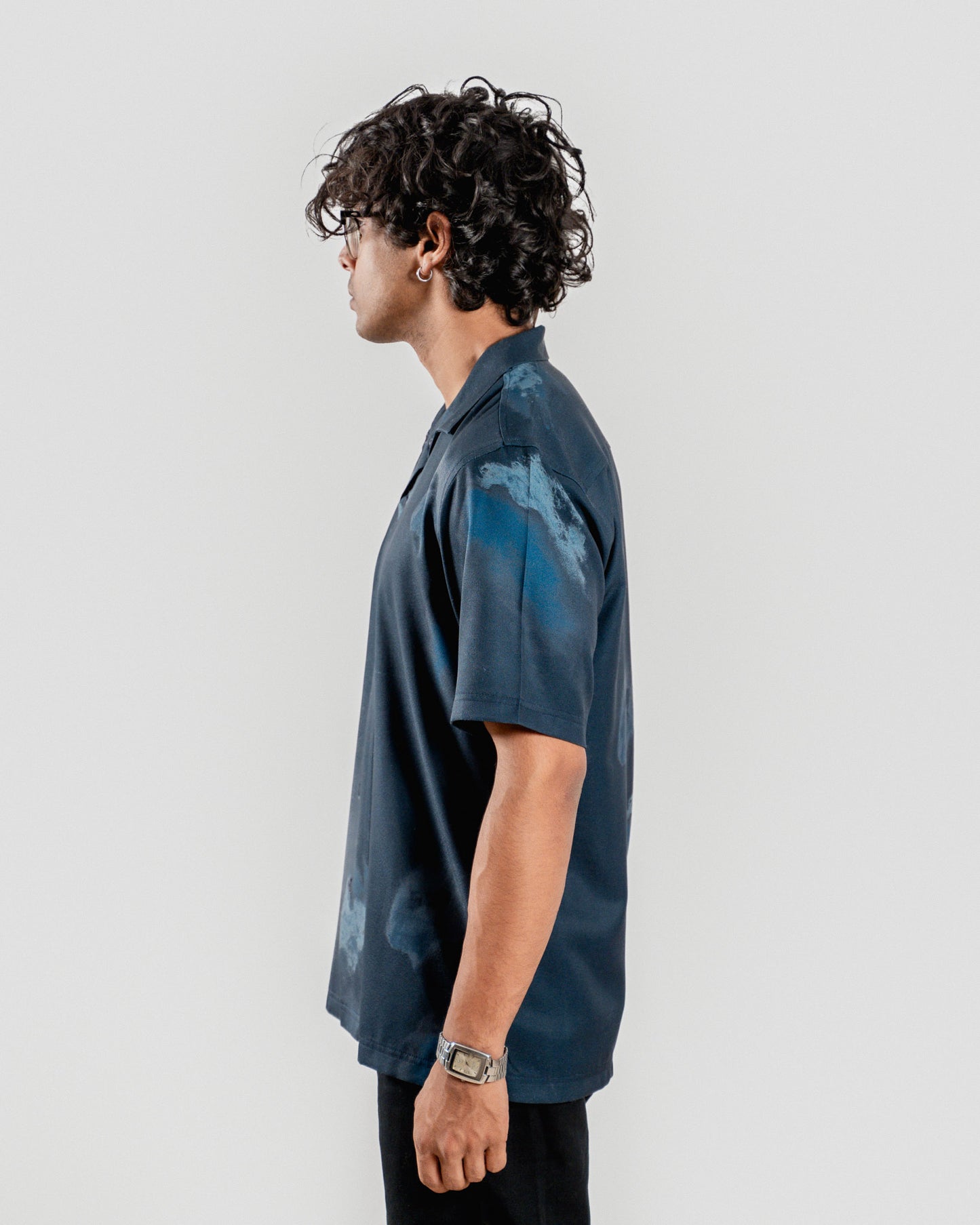 Stretchy Cuban Collar Shirt - Dark Blue