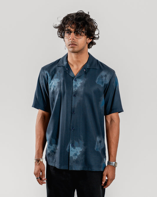 Stretchy Cuban Collar Shirt - Dark Blue