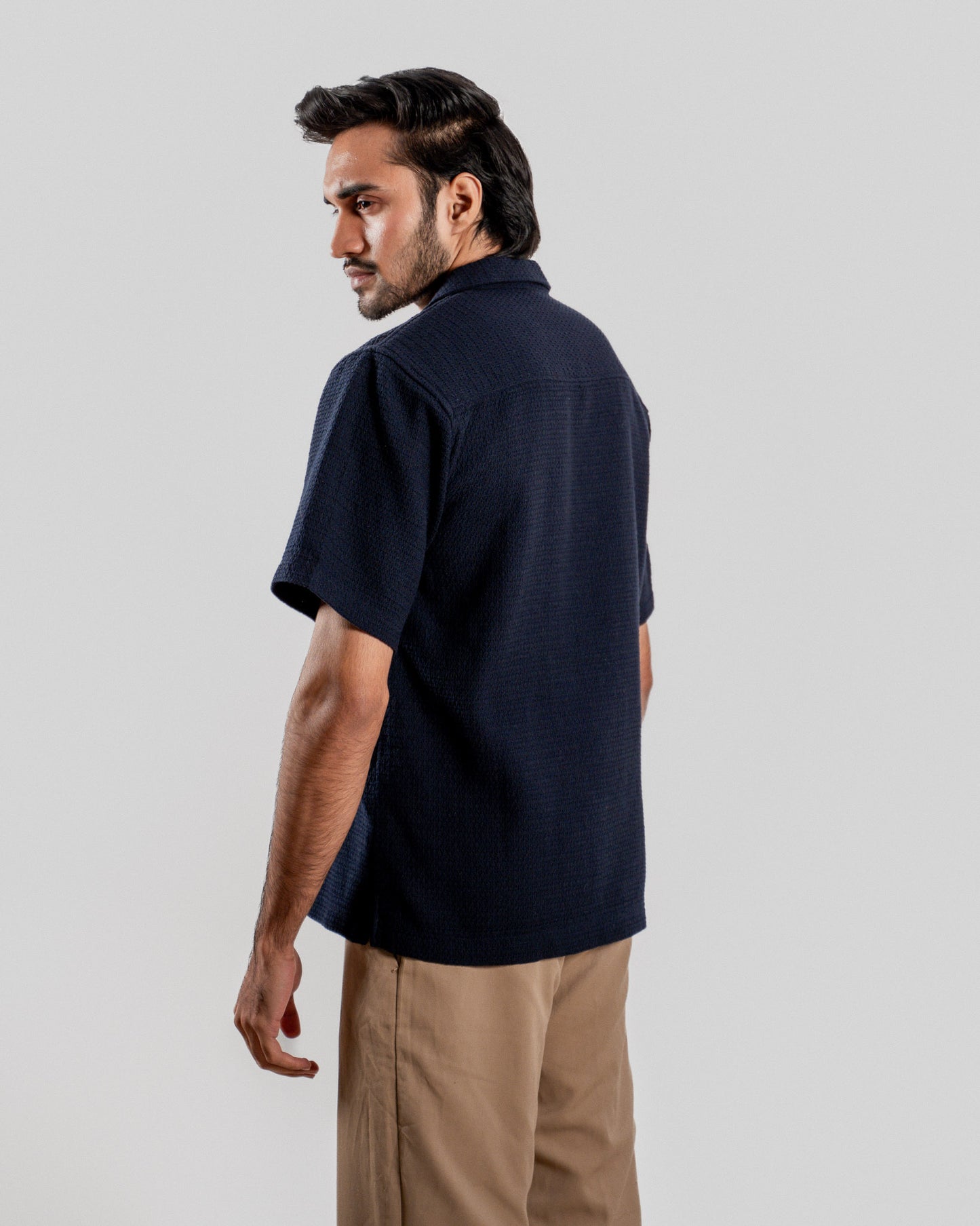 Textured Cuban Collar Shirt - Navy Blue