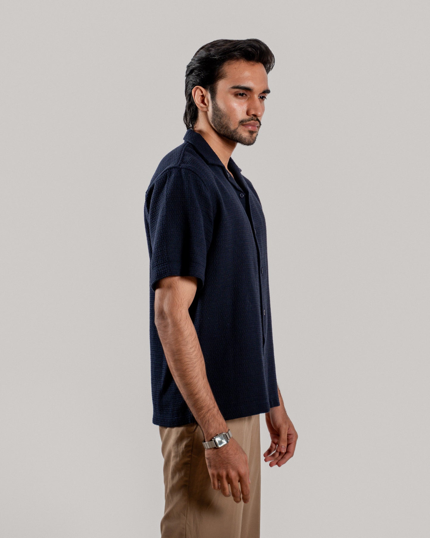 Textured Cuban Collar Shirt - Navy Blue