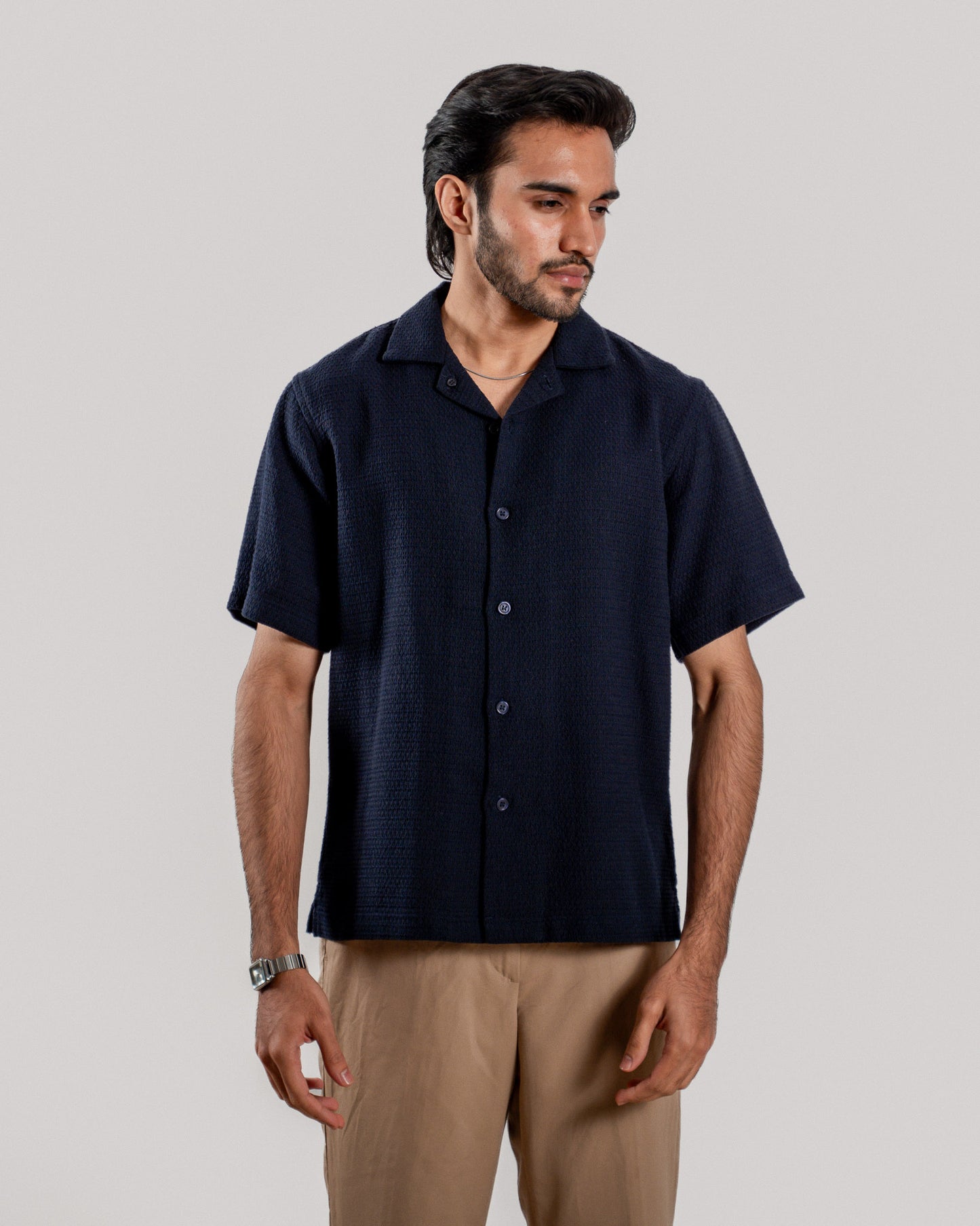 Textured Cuban Collar Shirt - Navy Blue