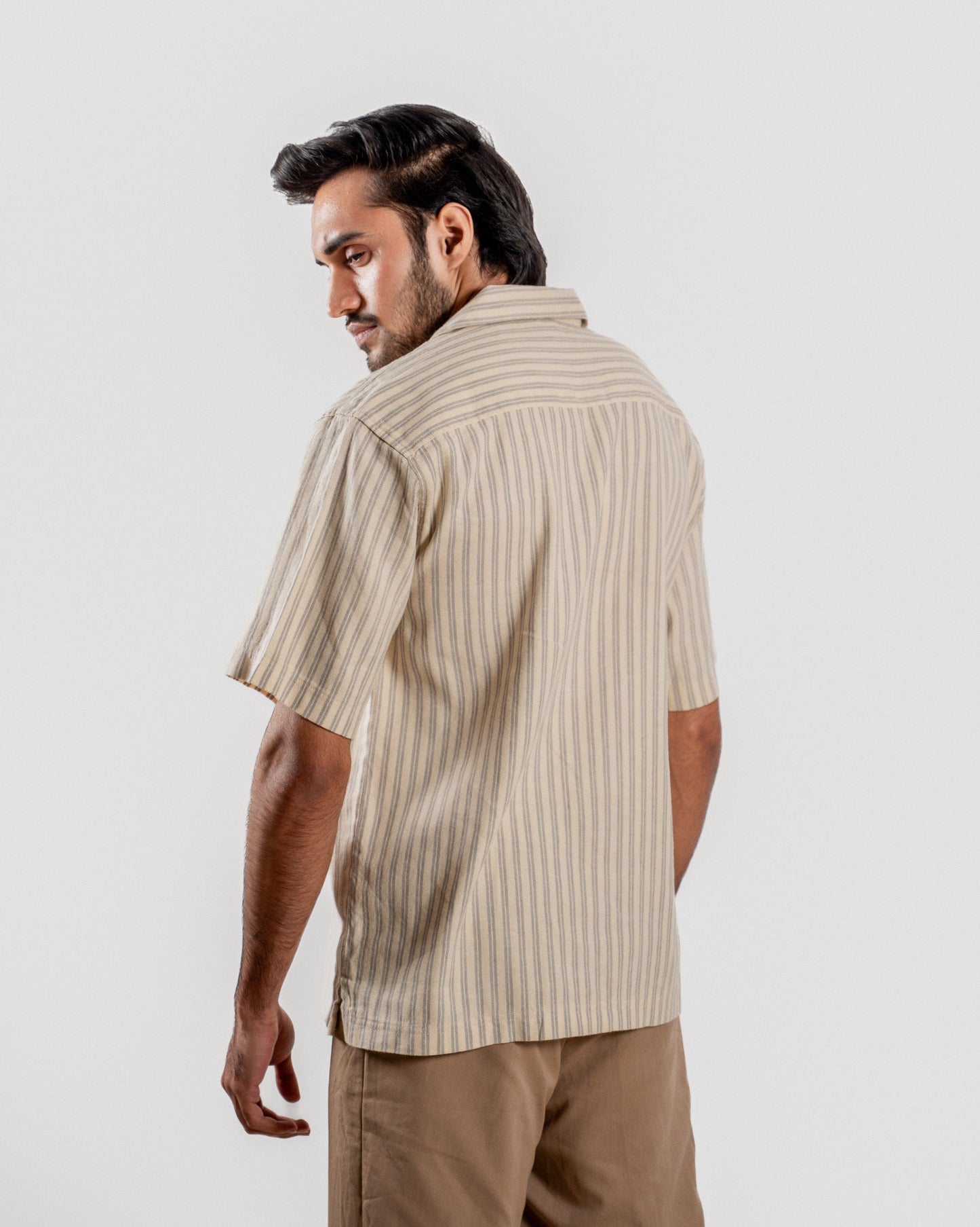 Striped Cuban Collar Shirt - Beige & Grey