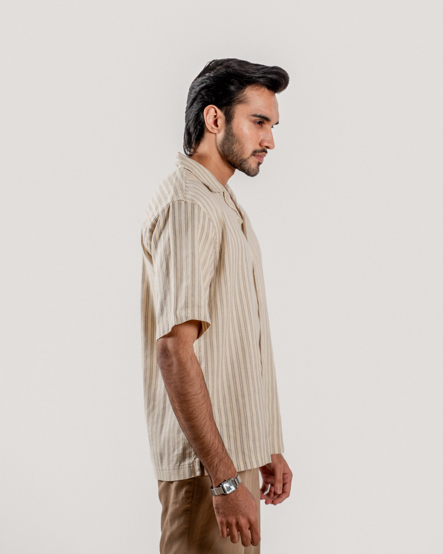 Striped Cuban Collar Shirt - Beige & Grey