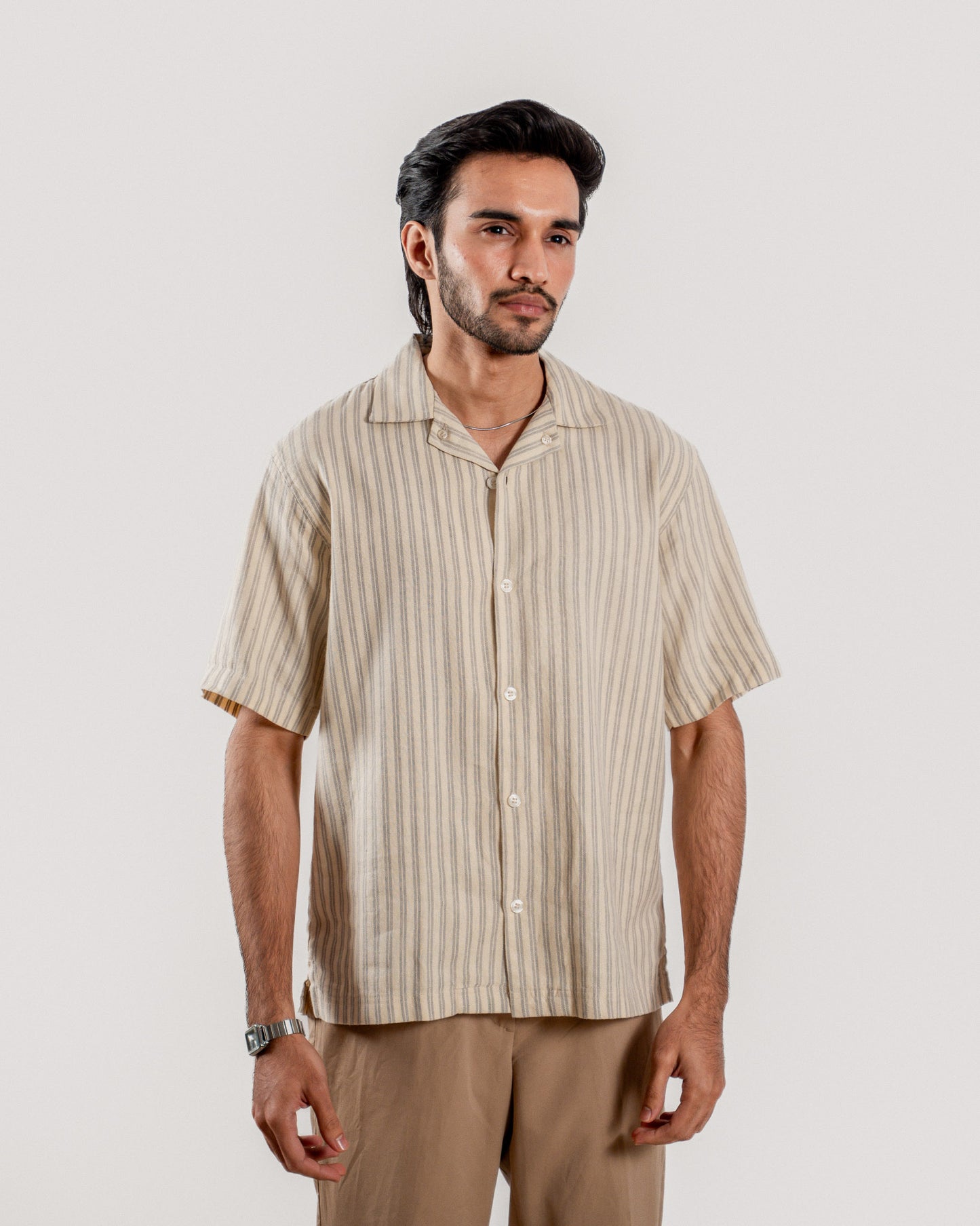 Striped Cuban Collar Shirt - Beige & Grey